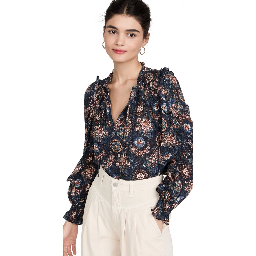 Ulla Johnson Manet Top Twilight Navy Sz 6 Ruffle Boho Hippie Tie